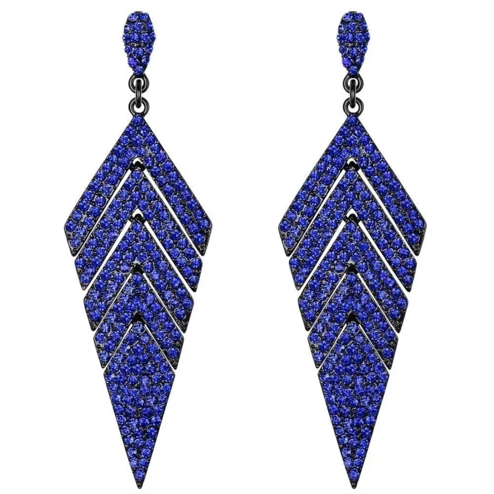 Carbon Black with Blue Sapphire Crystal Rhombus Banquet Chandelier Post Earrings